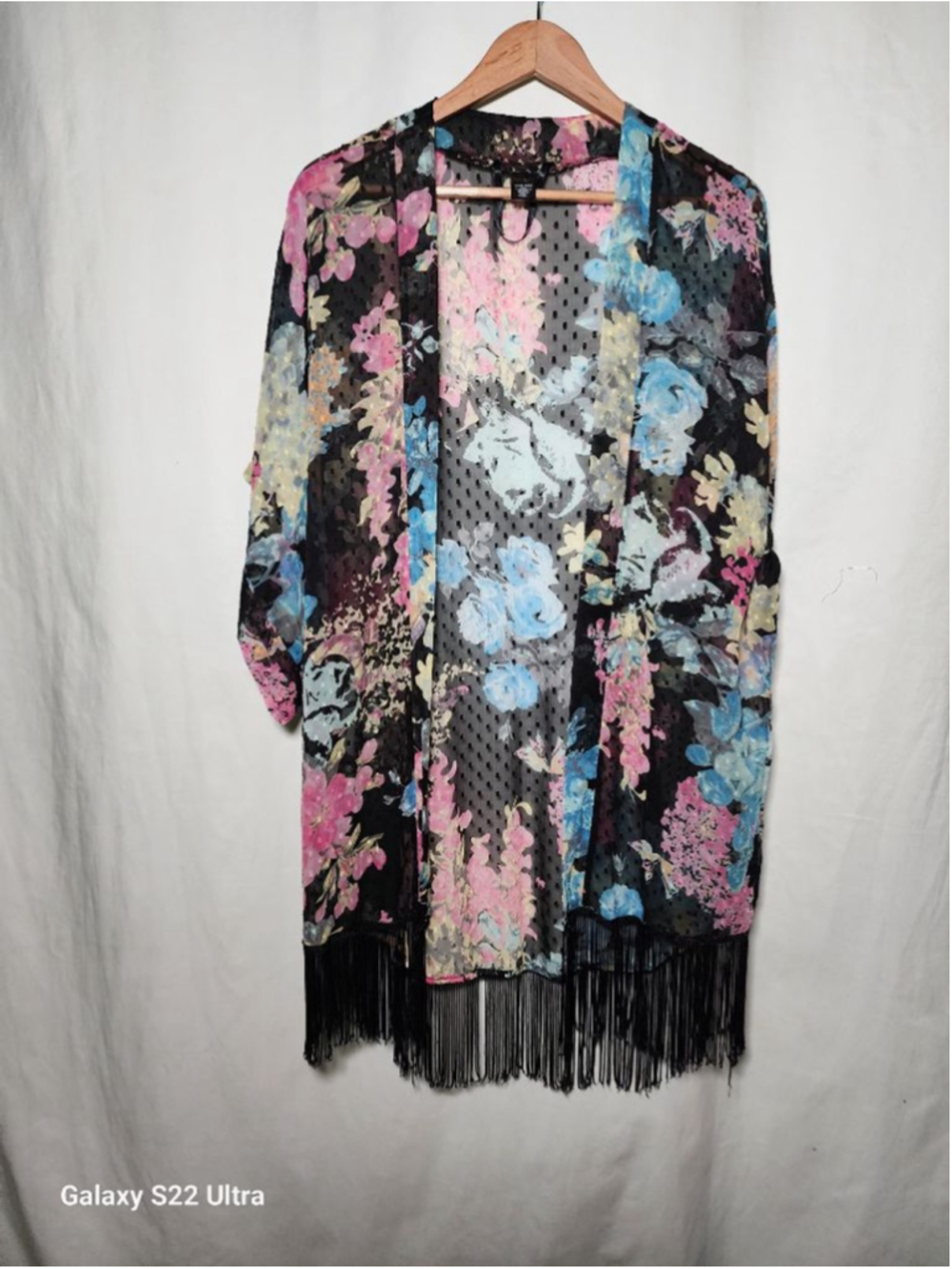 Women's MIXIT Black Floral Fringe Kimono One Size